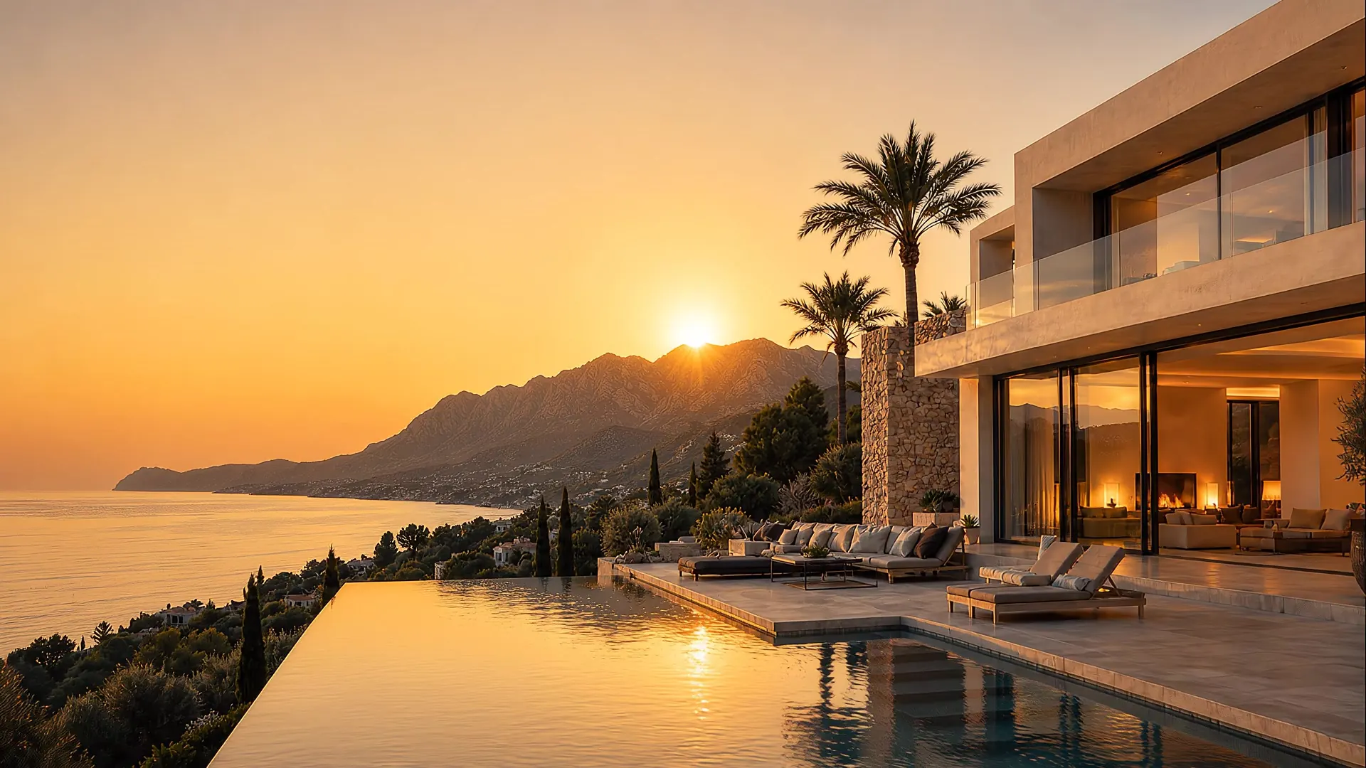 Hochwertige Villa mit Pool bei Sonnenuntergang auf Mallorca