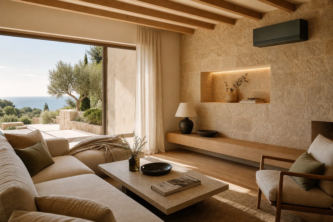 Dezente Klimaanlage, elegant integriert in einen mediterranen Wohnraum mit Meerblick