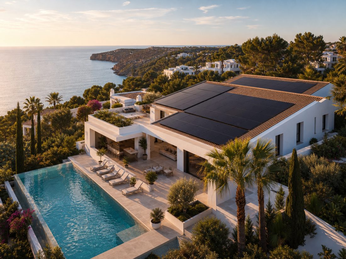 Luftaufnahme einer Villa mit eleganten Solarpaneelen auf dem Dach