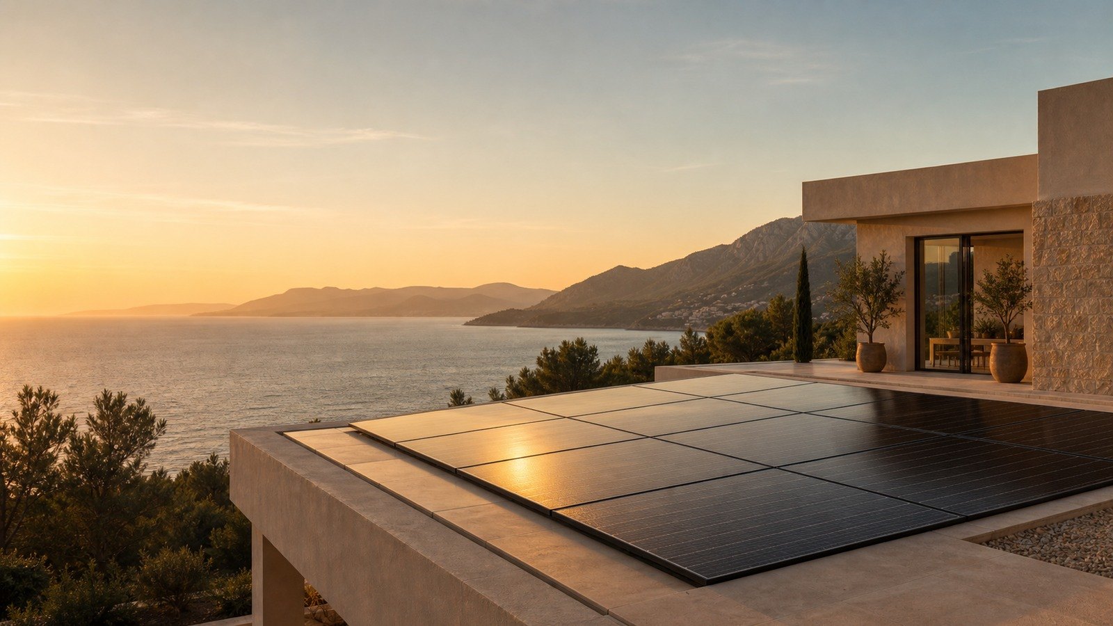 Solarmodule auf einer modernen Villa mit Meerblick bei Sonnenuntergang