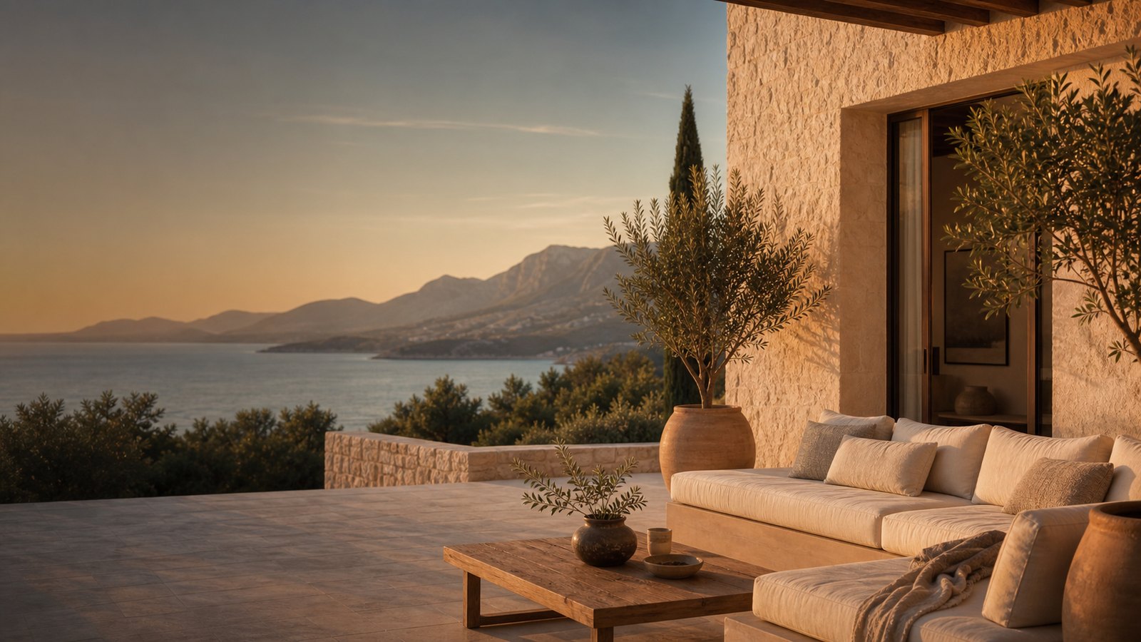 Ruhige Villa-Terrasse mit Meerblick auf Mallorca im Abendlicht